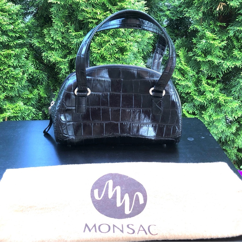 Monsac Glossy Black Crocodile-Embossed Shoulder Bag